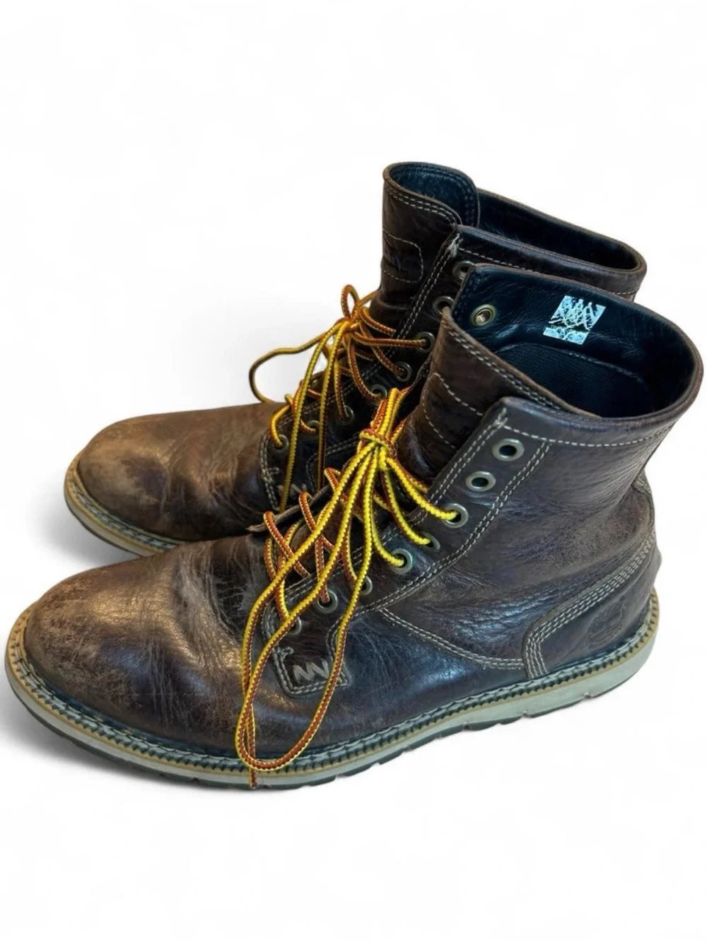 Men's Brown Leather Work Boots with Yellow Laces